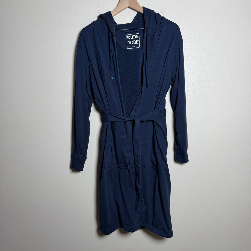 Dude Robe Mens Cotton Robe XS Navy Blue Hooded Belted Jersey Shell Terry Lining